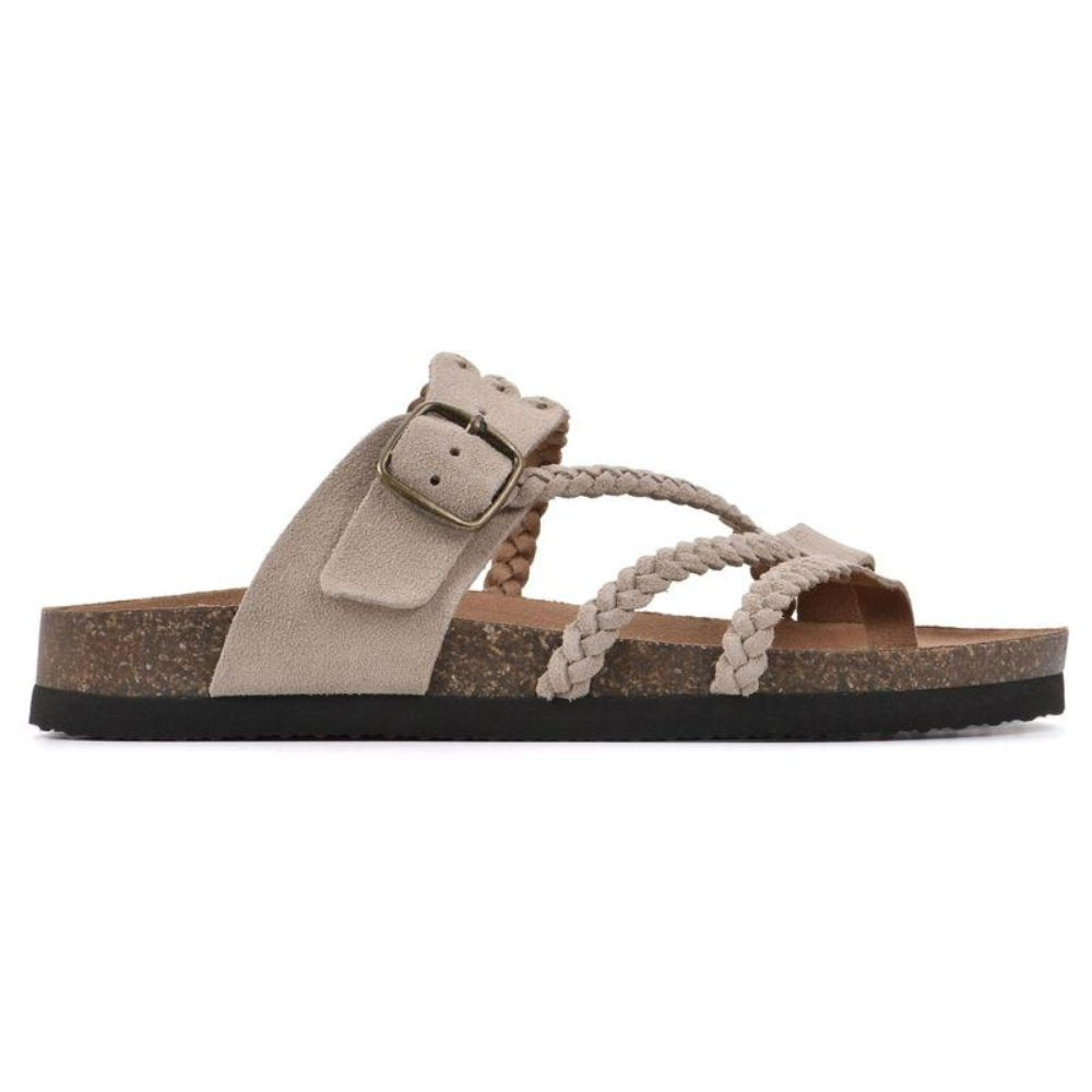 Women's green braided strap sandals with contoured cork footbed