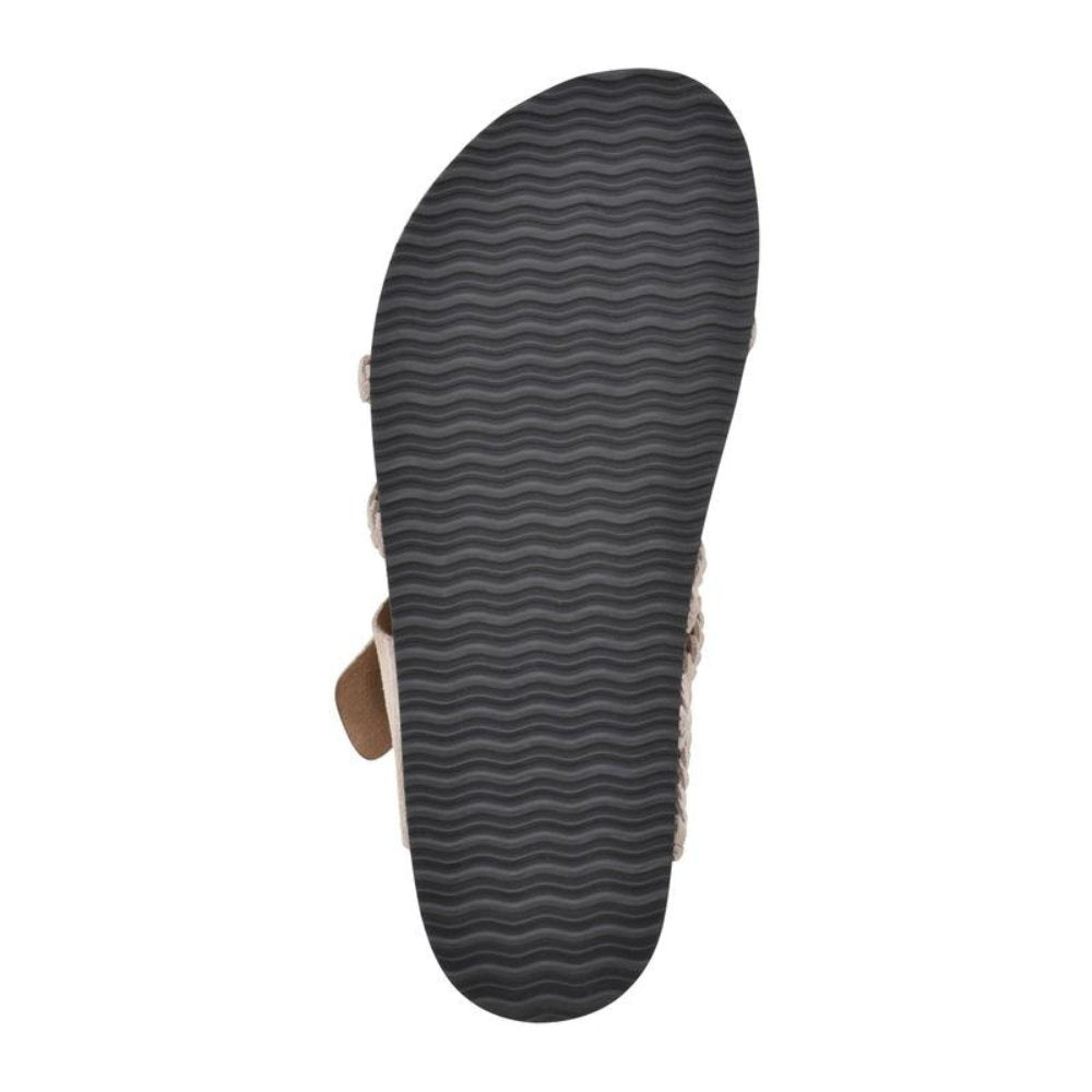 Women's green braided strap sandals with contoured cork footbed
