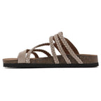 Women's green braided strap sandals with contoured cork footbed