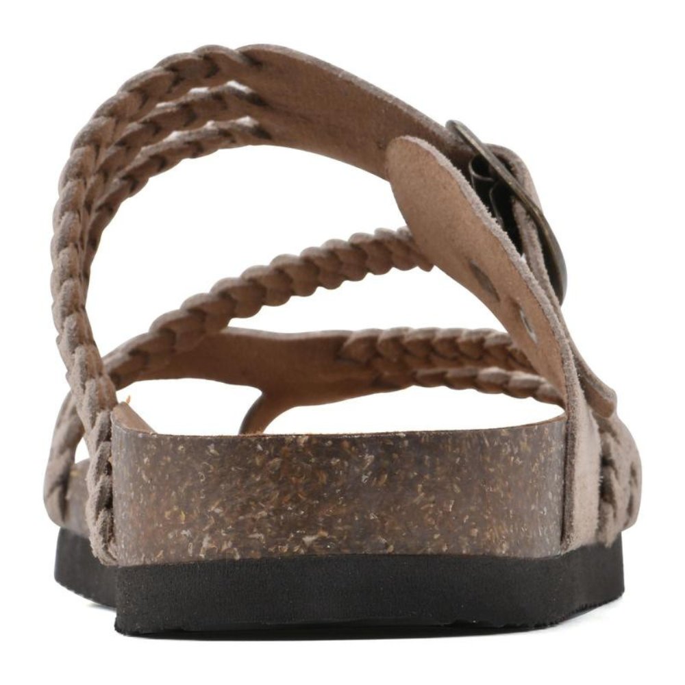 Women's green braided strap sandals with contoured cork footbed