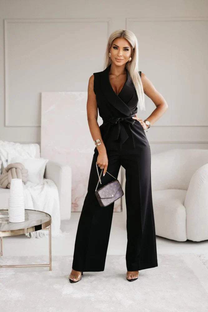 Women's white sleeveless v-neck jumpsuit with wide leg