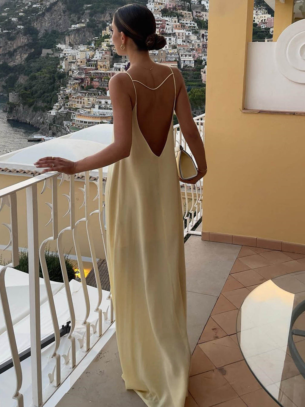 Women's light yellow satin slip maxi dress with fluid drape