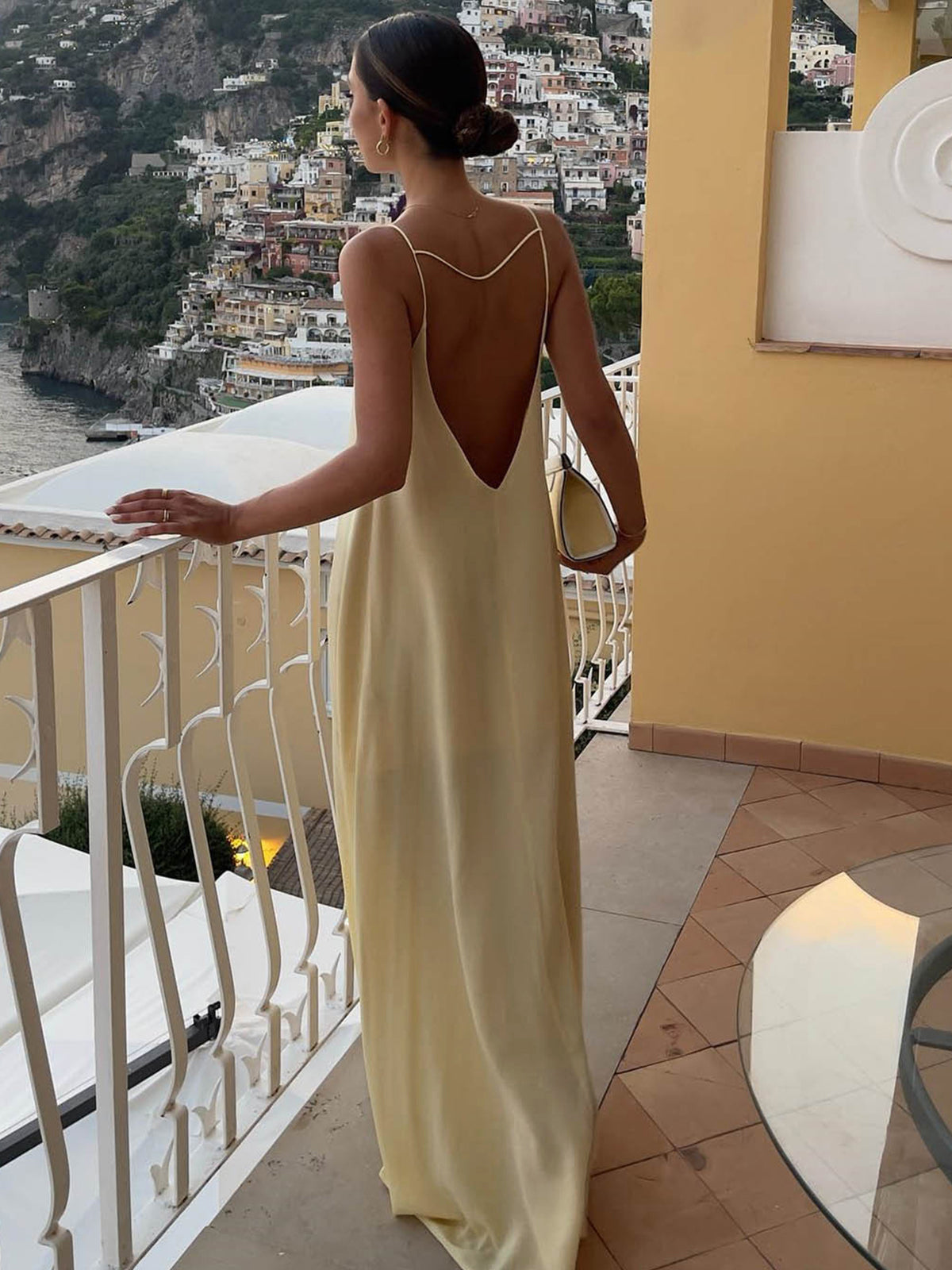 Women's light yellow satin slip maxi dress with fluid drape