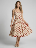 Women's beige vintage polka dot midi dress with fitted bodice