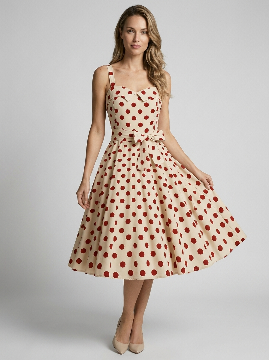 Women's beige vintage polka dot midi dress with fitted bodice