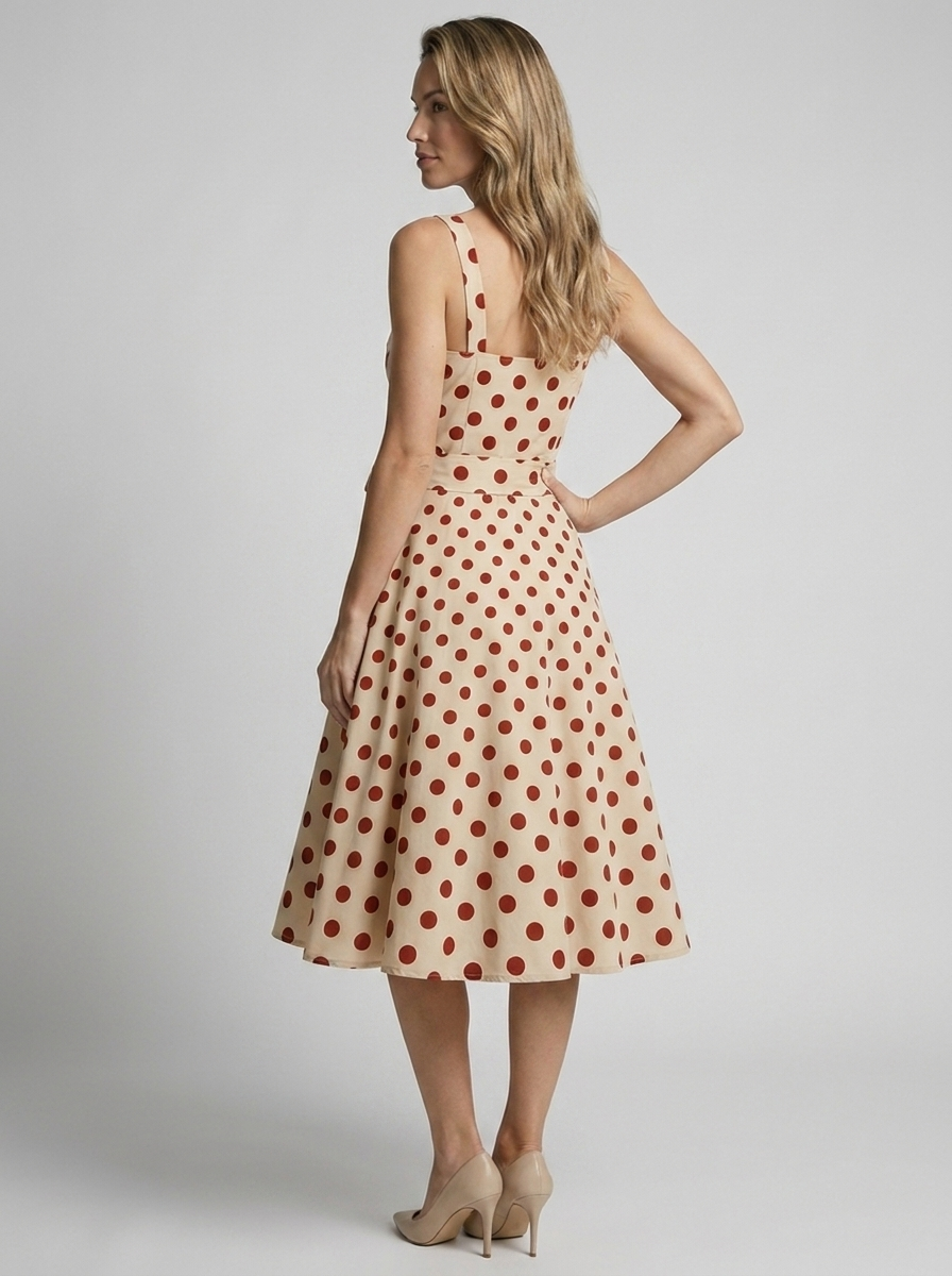Women's beige vintage polka dot midi dress with fitted bodice