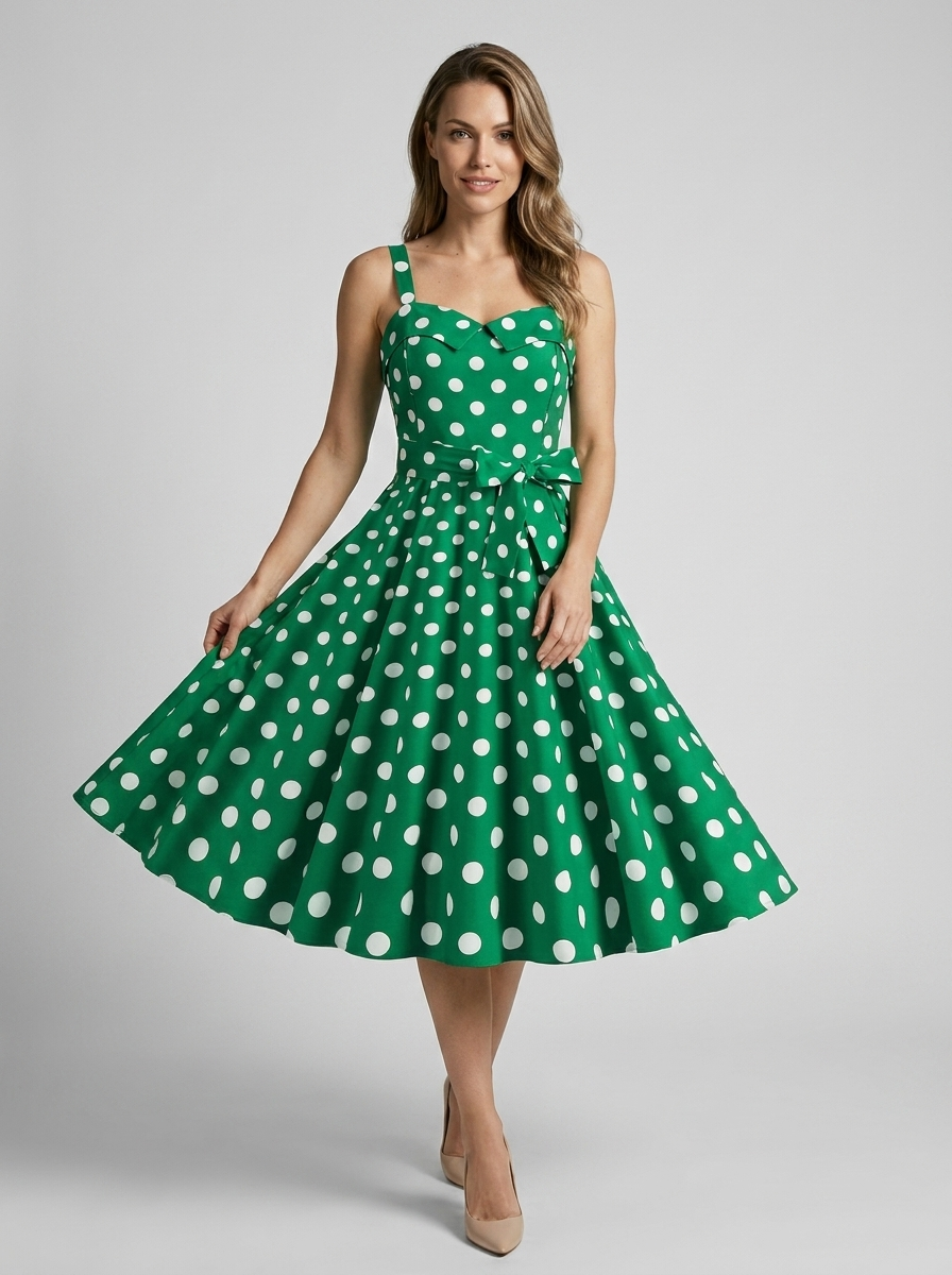 Women's beige vintage polka dot midi dress with fitted bodice