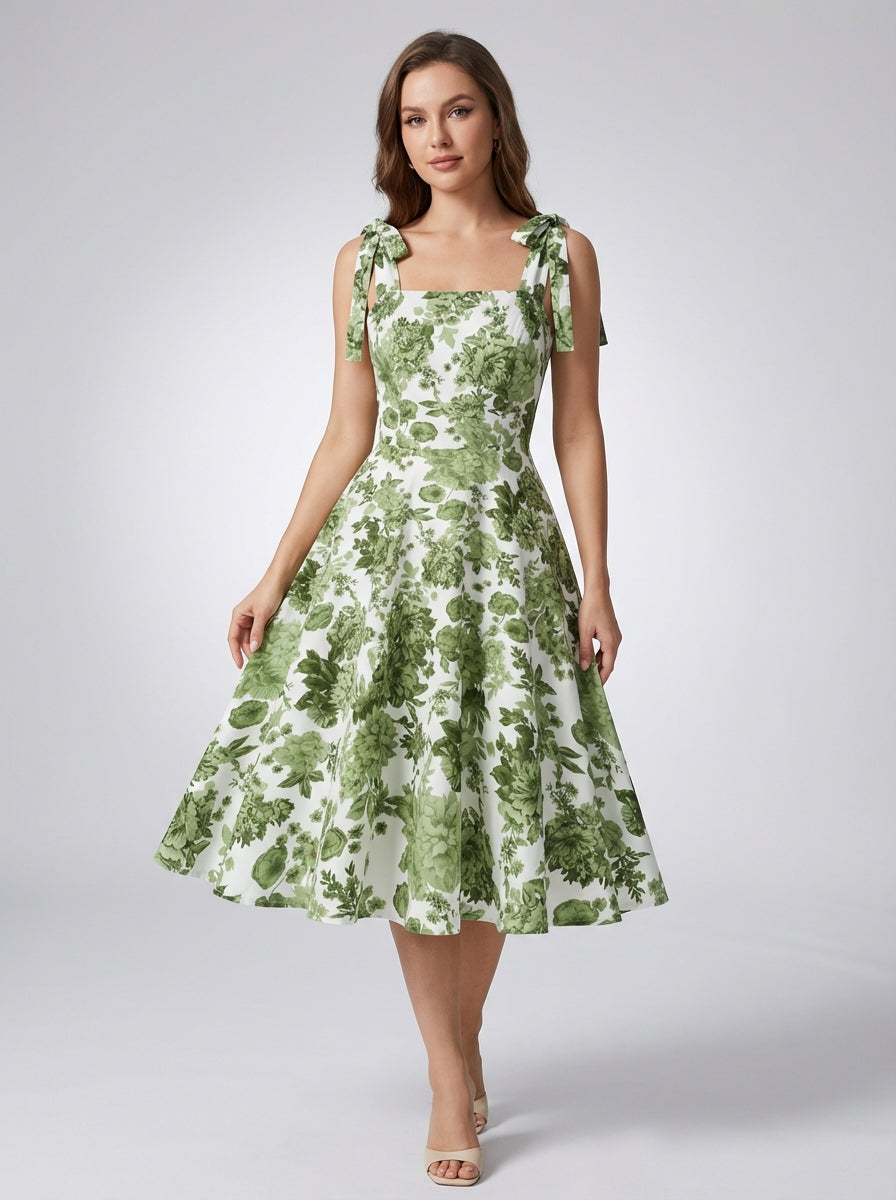 Women's green floral a-line dress with fitted bodice and flared skirt