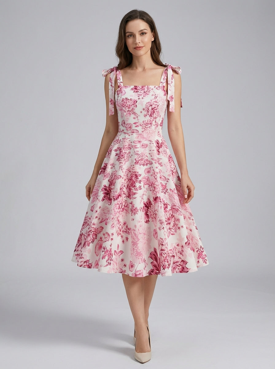 Women's green floral a-line dress with fitted bodice and flared skirt