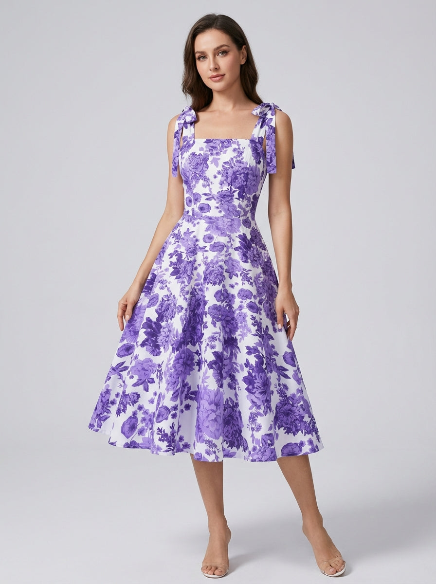 Women's green floral a-line dress with fitted bodice and flared skirt