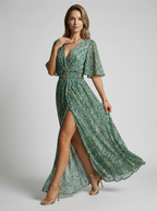 Women's floral maxi dress with deep v-neck and high side slit