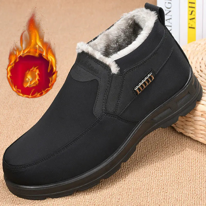 Men's black plush lined slip-on shoes with non-slip sole
