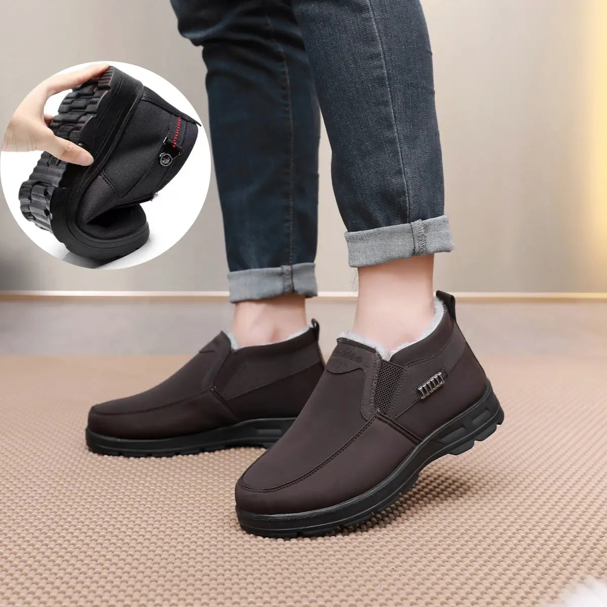Men's black plush lined slip-on shoes with non-slip sole
