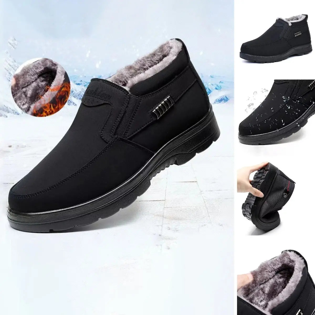 Men's black plush lined slip-on shoes with non-slip sole