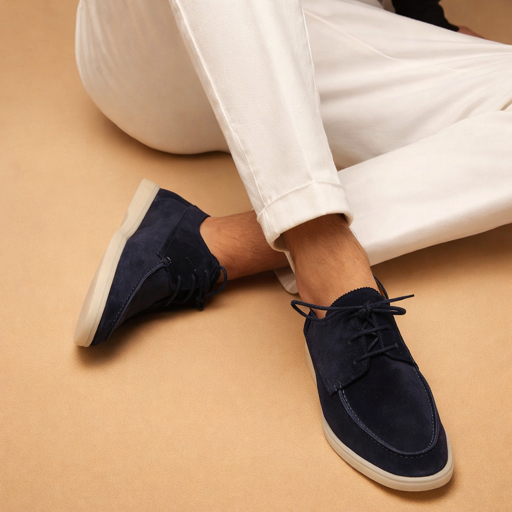 Men's blue vegan leather lace-up dress shoes with round toe
