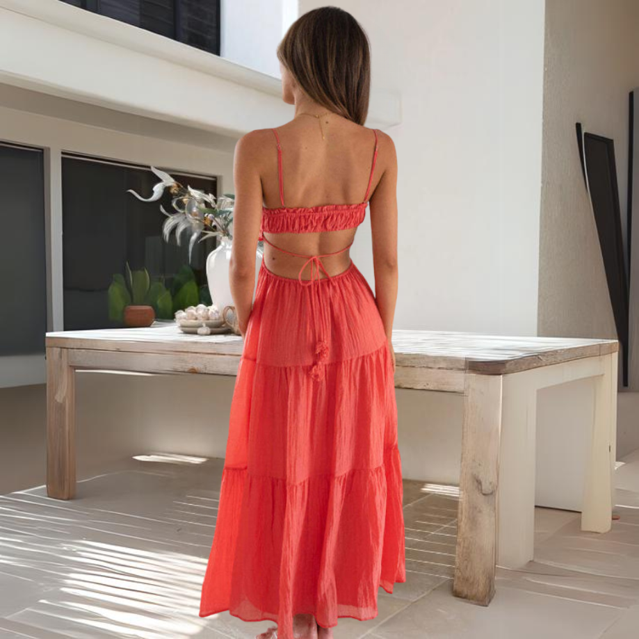 Women's red strapless maxi dress with fitted bodice