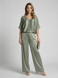 Women's green satin lounge set with wide leg pants