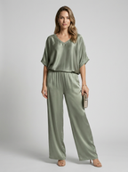 Women's green satin lounge set with wide leg pants