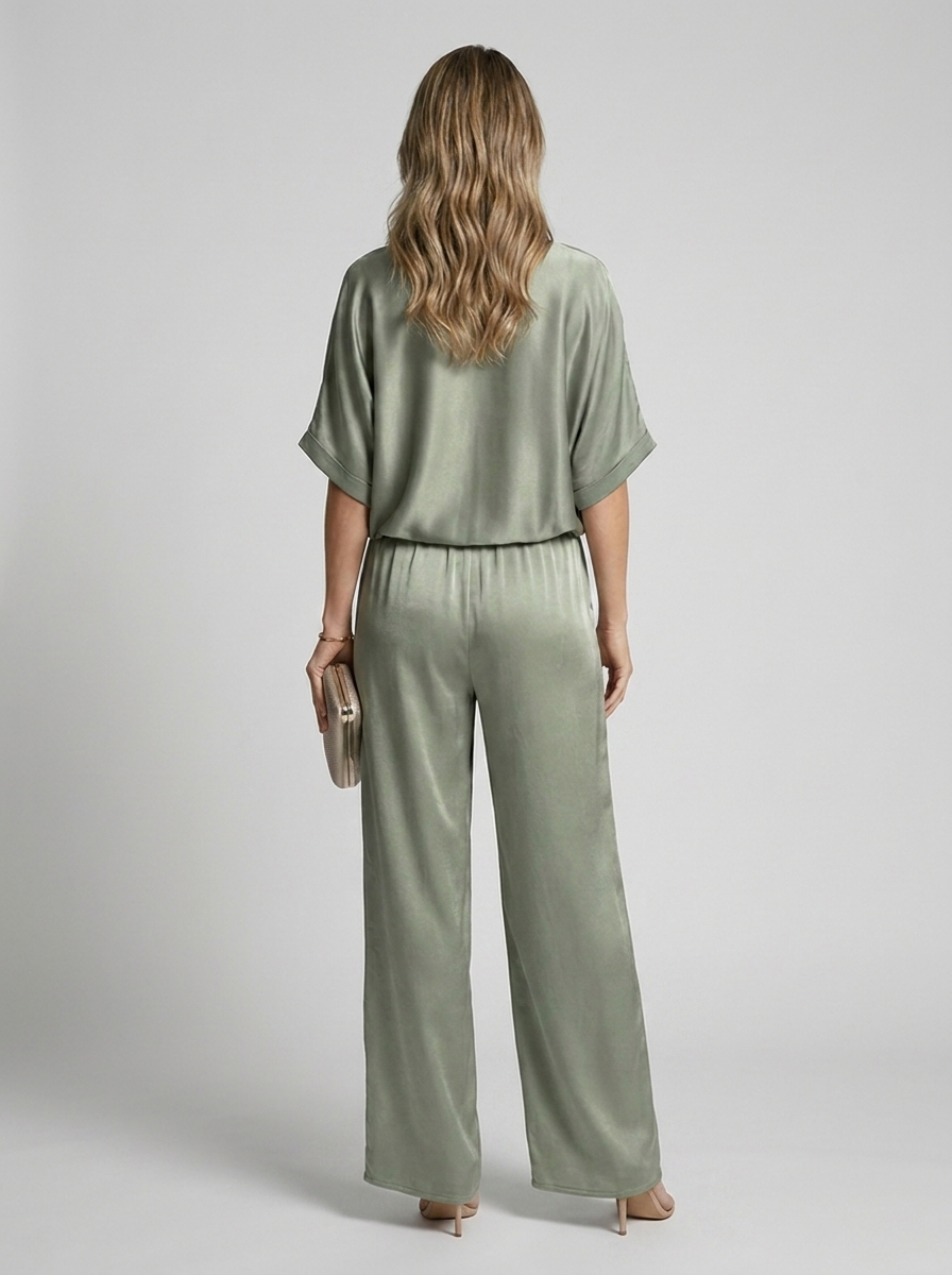 Women's green satin lounge set with wide leg pants