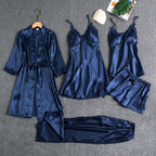 Women's blue satin pyjama set with silky drape