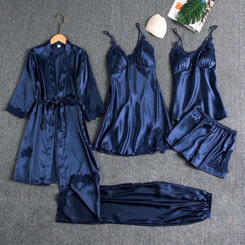 Women's blue satin pyjama set with silky drape