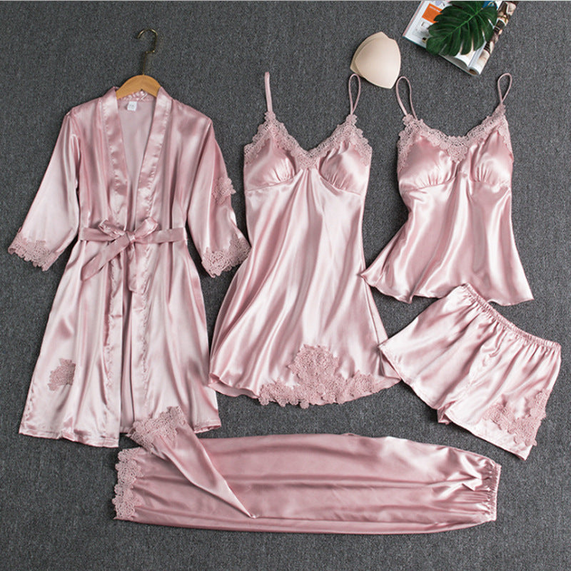 Women's blue satin pyjama set with silky drape