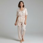 Women's blue satin pyjama set with silky drape