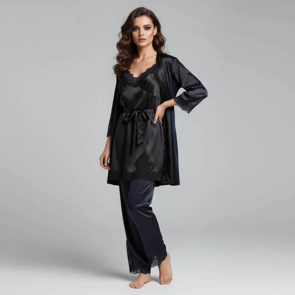 Women's red satin pyjama set with silky drape
