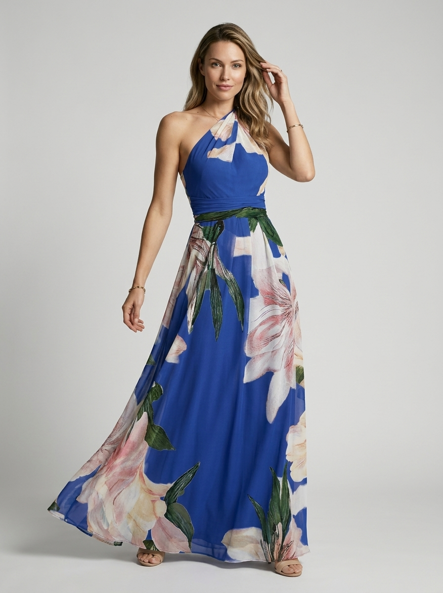 Women's dark blue asymmetric floral maxi dress with breezy drape