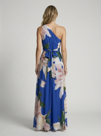 Women's dark blue asymmetric floral maxi dress with breezy drape