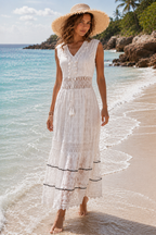 Women's white boho lace maxi dress with gold embroidery and v-neck