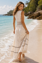Women's white boho lace maxi dress with gold embroidery and v-neck