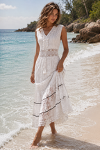 Women's white boho lace maxi dress with gold embroidery and v-neck