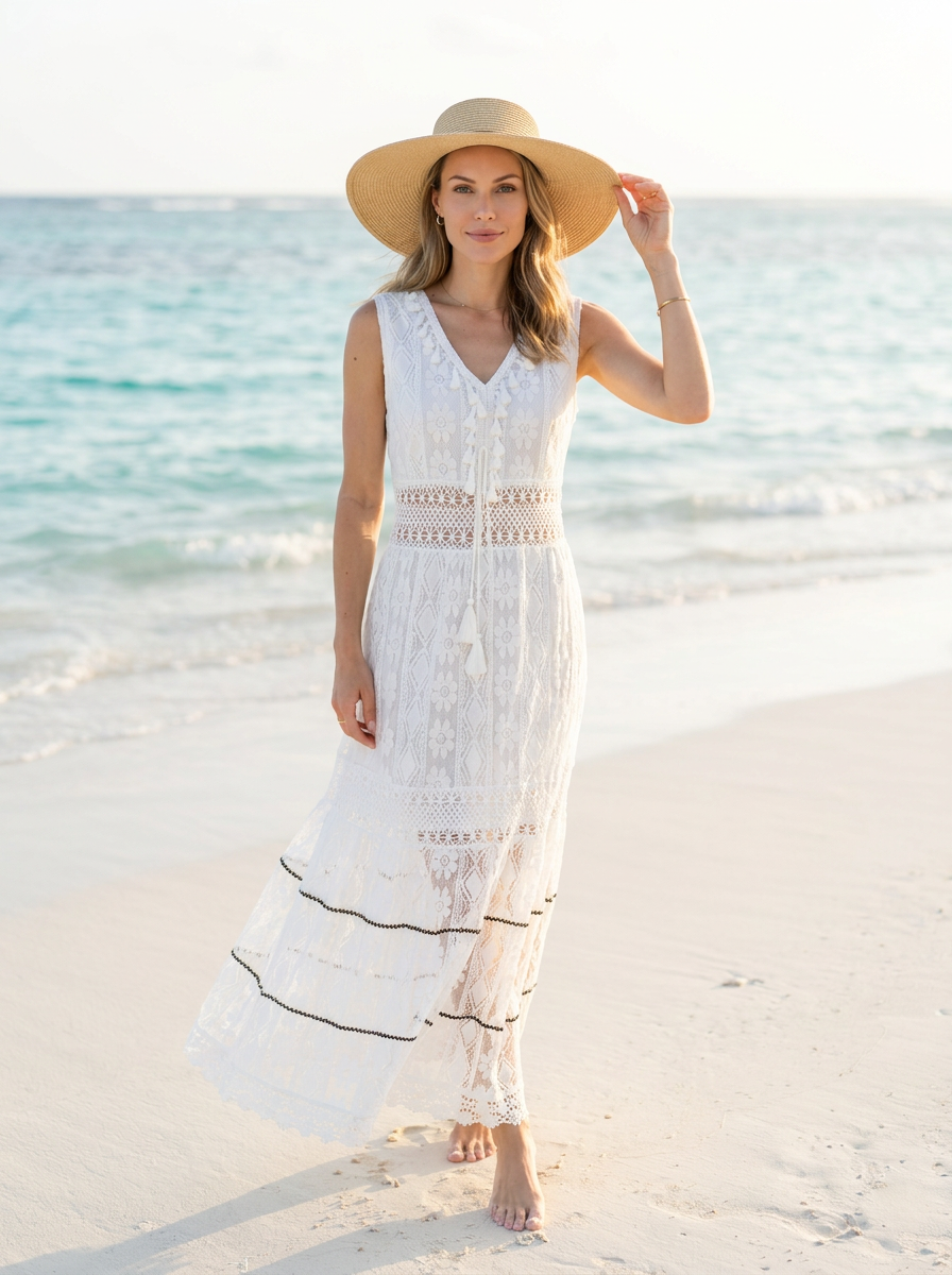 Women's beige boho lace maxi dress with gold embroidery and v-neck