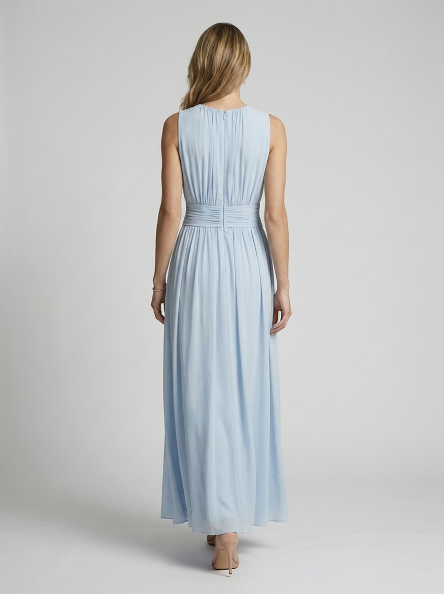 Women's light blue chiffon maxi dress with defined waist