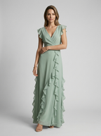 Women's green ruffle maxi dress with deep v-neckline