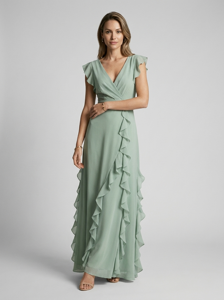 Women's green ruffle maxi dress with deep v-neckline