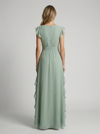 Women's green ruffle maxi dress with deep v-neckline