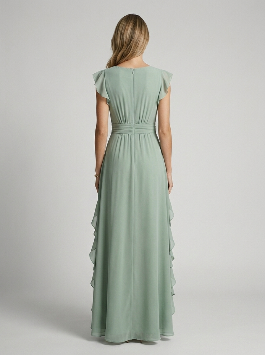 Women's green ruffle maxi dress with deep v-neckline