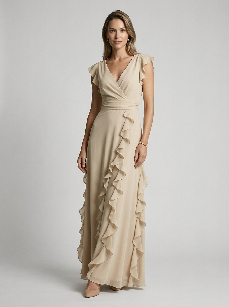 Women's green ruffle maxi dress with deep v-neckline