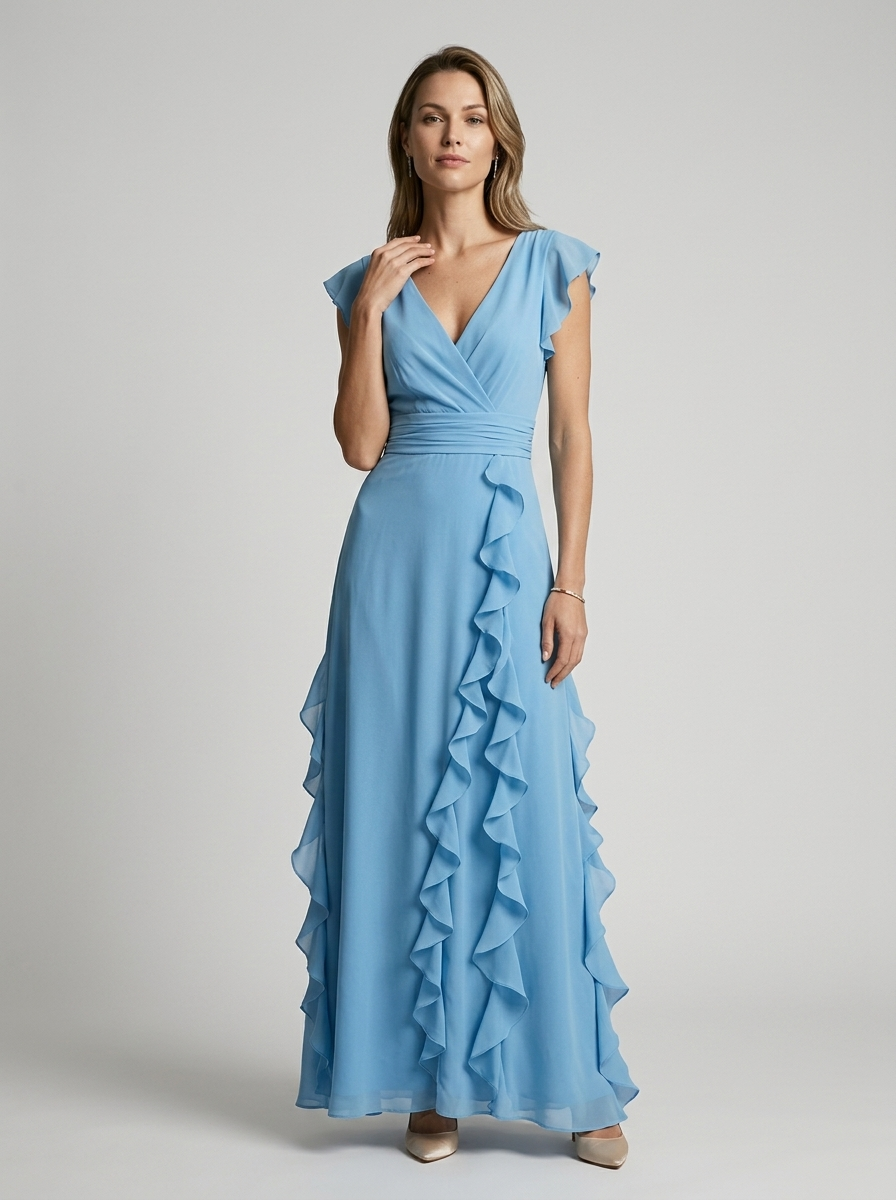 Women's green ruffle maxi dress with deep v-neckline