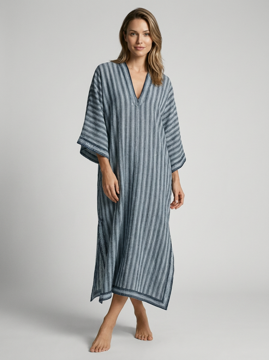 Women's blue striped kaftan dress with v-neck and loose cut