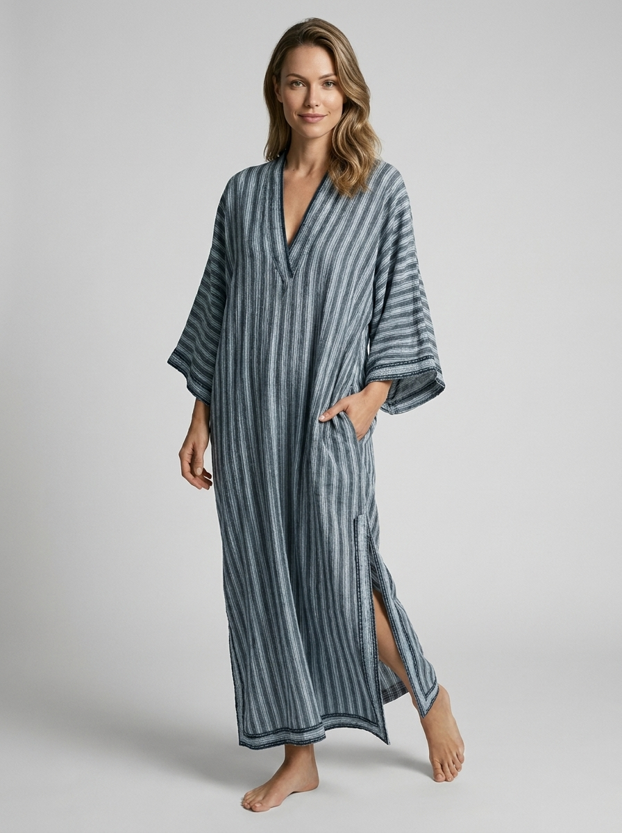 Women's blue striped kaftan dress with v-neck and loose cut