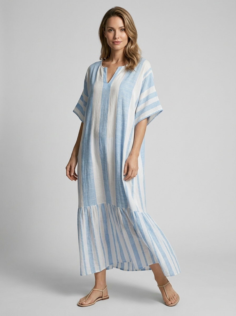 Women's blue striped kaftan dress with v-neck and loose cut