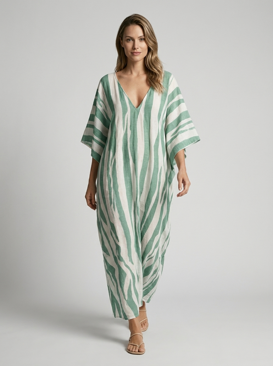 Women's blue striped kaftan dress with v-neck and loose cut