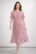 Women's pink lace chiffon midi dress with flowing skirt
