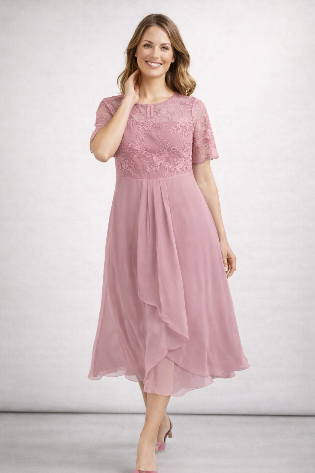 Women's pink lace chiffon midi dress with flowing skirt