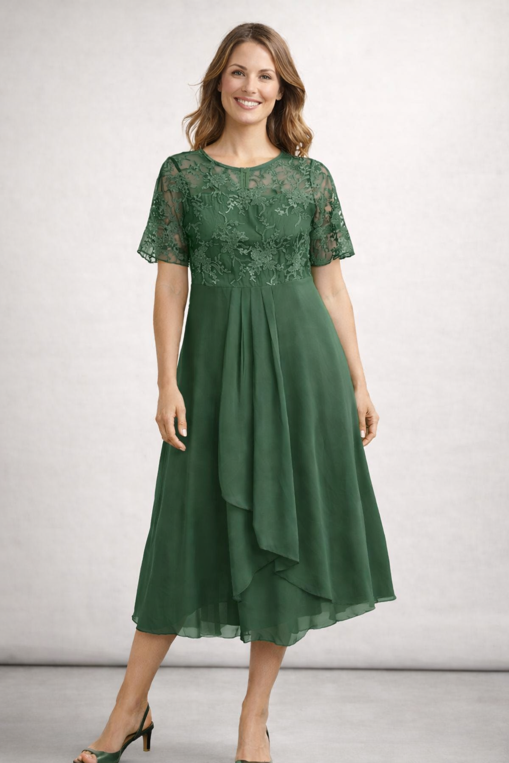 Women's pink lace chiffon midi dress with flowing skirt