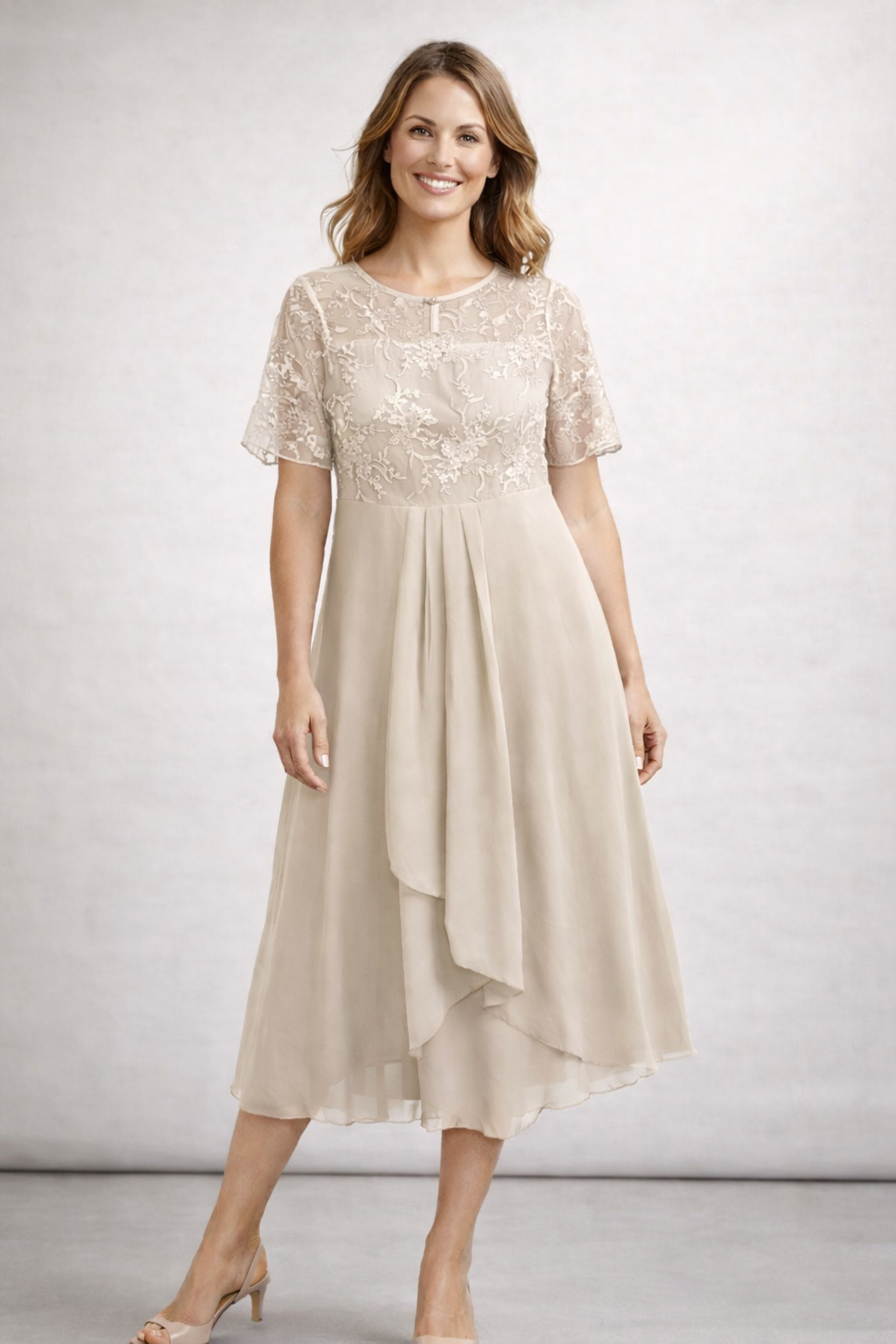 Women's purple lace chiffon midi dress with flowing skirt