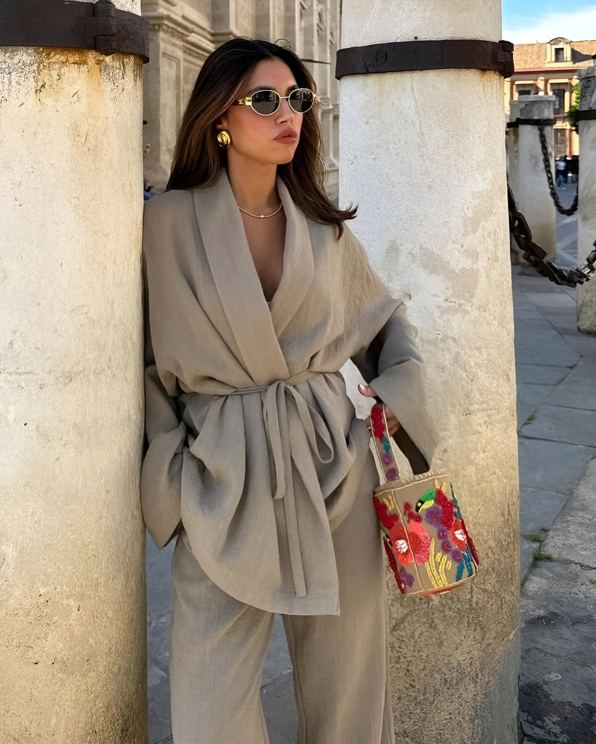 Women's khaki linen two piece set in natural tones